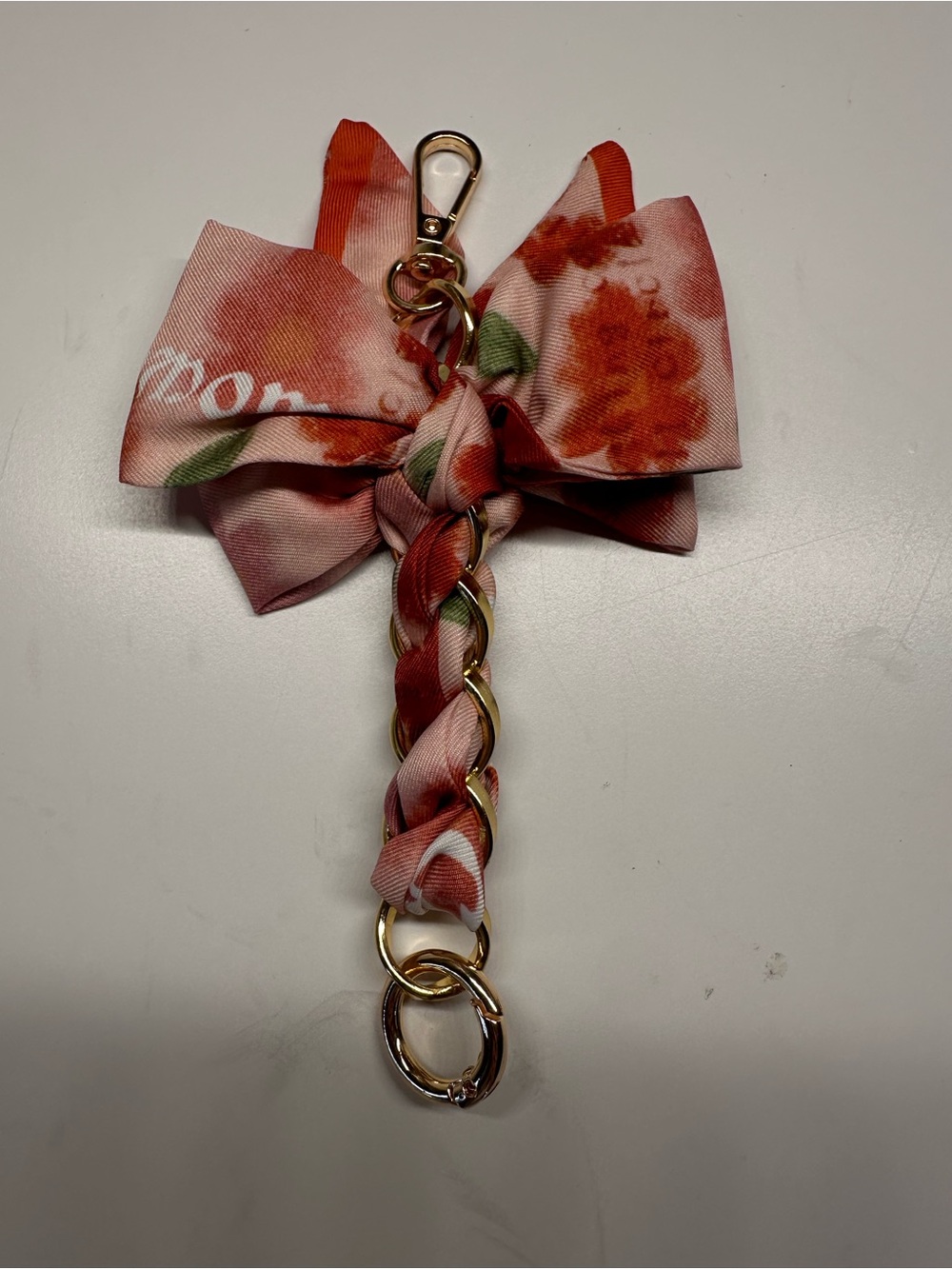 Floral Pink Bow Keychain with Gold Chain